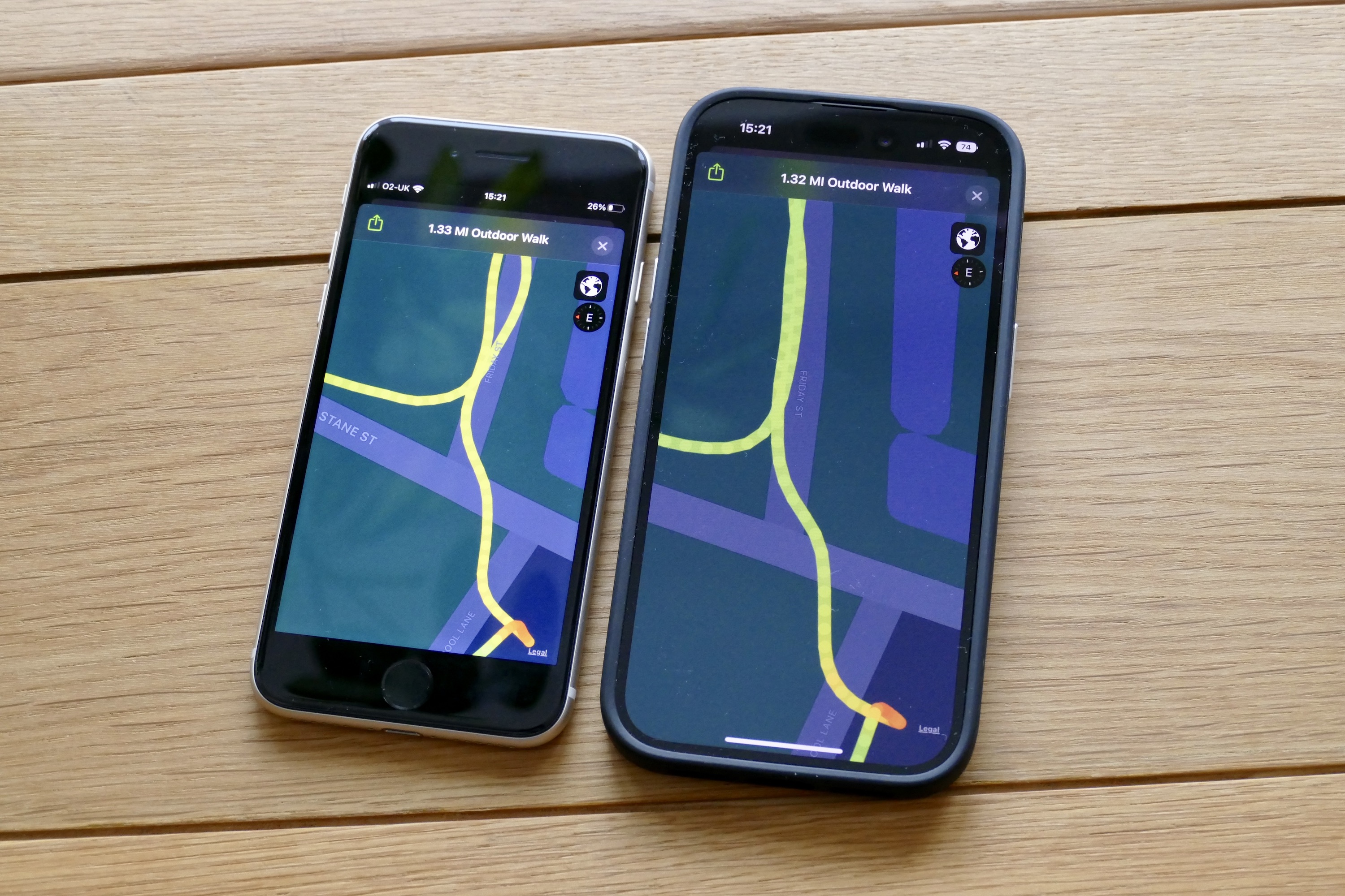 GPS map data from an Apple Watch Ultra and the Apple Watch Series 8 shown on an iPhone 14 Pro and iPhone SE 2022.