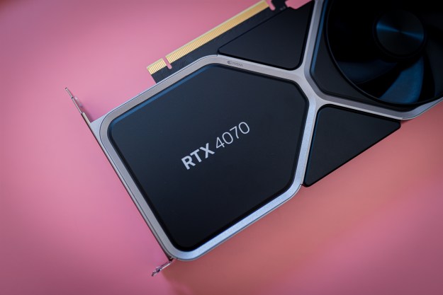 The RTX 4070 graphics card on a pink background.