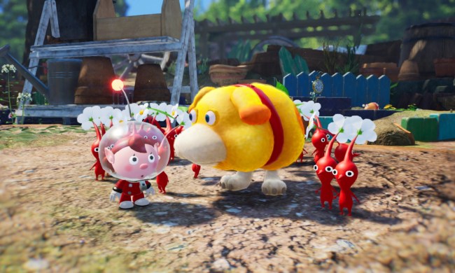 The player stands with Oatchi and some Red Pikmin in Pikmin 4.